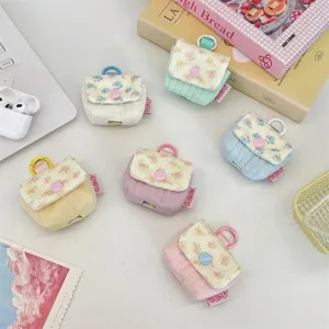 Gesteppte Blumen Mini Kopfhörertasche Kontrast Stoff Druckknopf Beutel Mit Schlüsselanhänger Haken Für Damen Kabellose Ohrhörer Hülle