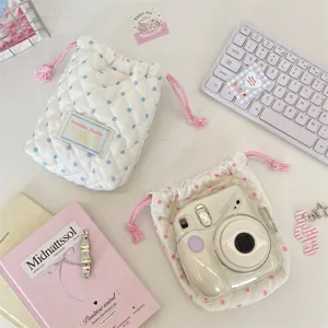 Quilted Polka Dot Drawstring Storage Bag Cute Pouch for Camera Jewelry Small Digital Gadgets