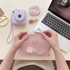 Koreanischer Stil rosa Netz Mini Kosmetiktasche tragbare Aufbewahrungstasche für Make-up.