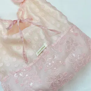 Pink Polka Dot Organza Tote Bag Cute Bow Shoulder Bag Floral Embroidery Bag