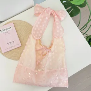 Sweet Organza Lace Bow Knot Tote Bag Polka Dot Embroidered Shoulder Bag For Women Girly Polka Dot Summer Handbag