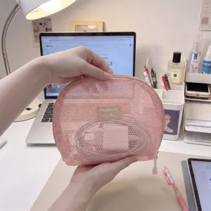 Koreanischer Stil rosa Netz Mini Kosmetiktasche tragbare Aufbewahrungstasche Detailansicht