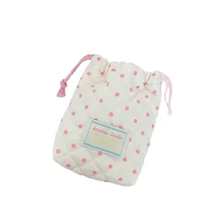 Quilted polka dot drawstring pouch, cute pink dots storage bag for small items, camera and jewelry.