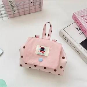 Pink polka dot cosmetic bag with handle flap cute cartoon cat tag portable makeup storage pouch