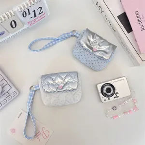 Sweet Cool Girl Gepunktete Gesteppte Aufbewahrungstasche Herz-Druckknopf Kleiner Stoffbeutel Mit Handschlaufe Mini Münz Zubehörtasche