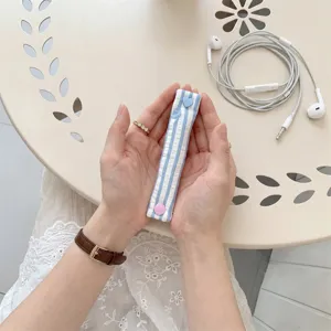 Blue white striped cord organizer cable winder with cute heart button desktop tidy tool