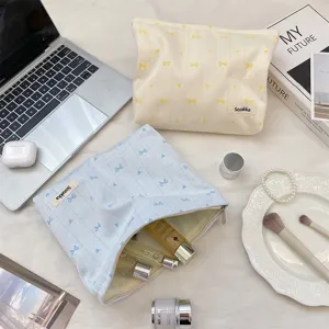 Süße Schleife Herz Canvas Kosmetiktasche, ästhetische Make-up Tasche für Reise und Alltag.
