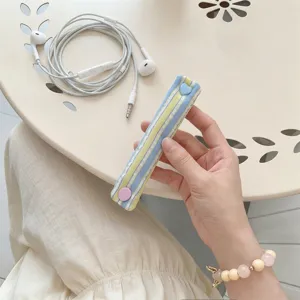Macaron striped earphone cord organizer strap with cute snap button for portable cable management