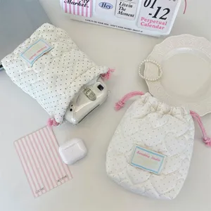 Pochette cordon matelassée rose pois motif cœur mignon maquillage voyage rangement sac
