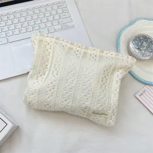 Detailansicht der zarten Spitzen-Kulturtasche, zeigt weiches und elegantes Aufbewahrungsdesign.