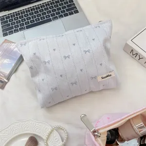 Graue Kosmetiktasche mit Schleifen Stickerei, süße Make-up Tasche für Reise und Alltag