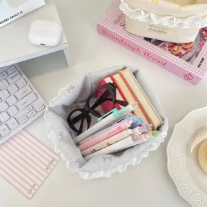 Stoff Schreibtisch Aufbewahrungskorb gestreift Organizer mit Spitzenbesatz fuer Schreibwaren