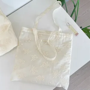 Close-up detail of sheer white floral embroidered tote bag on clean white desktop surface.