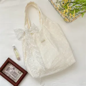 Korean style floral embroidered lace tote bag, cream white casual shoulder bag for summer.