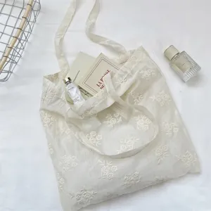 Sheer floral embroidered tote bag, aesthetic organza vest handbag, casual summer daily use.