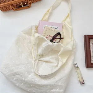 Korean fresh floral embroidered canvas tote bag hollow out summer casual shoulder bag