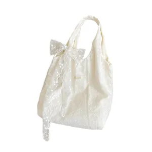 Korean style floral embroidered lace tote bag, chic shoulder bag for spring and summer.