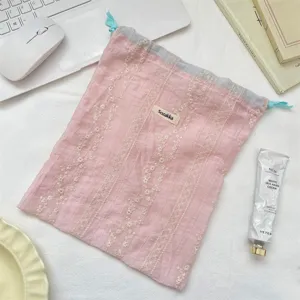 Rosa spitze blumen stoff aufbewahrungstasche mit kordelzug, tragbarer kosmetik organizer.