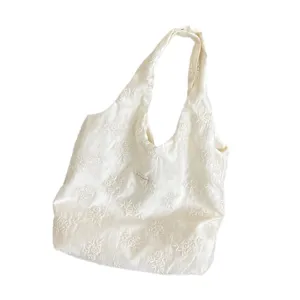 Chic floral embroidered hobo shoulder bag aesthetic casual white tote bag for women