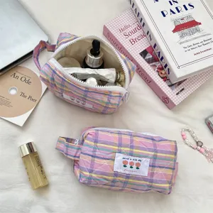 Borsa cosmetica trapuntata a quadri arcobaleno, pochette da viaggio con cerniera.