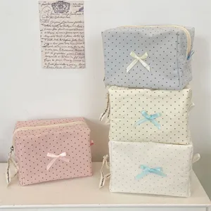 Bellissima borsa cosmetica in tessuto a pois in stile coreano con fiocco per viaggio.