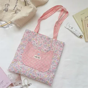 Zoete bloemen canvas draagtas met roze gingham kattenoor zak, casual schoudertas voor dagelijks.
