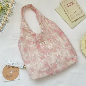 Pink tie-dye canvas shoulder bag with 3D white floral embroidery, aesthetic hobo tote bag.