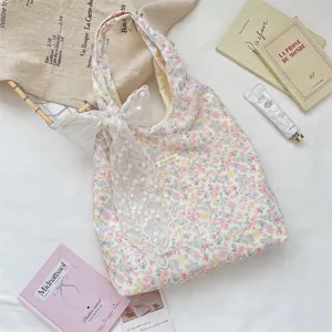 Vrouwen Zoet Kattenoor Geruit Zak Bloemen Polyester Tote Bag Dagelijks Pendelen Opslag Schoudertas Handtas Met Kant Strik