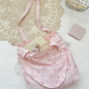 Süße rosa Blümchen Tragetasche für Damen, lässige Umhängetasche mit feinen Spitzenbesatz.