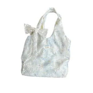Floral canvas shoulder bag with lace bow, sweet aesthetic tie-dye tote bag for daily use.