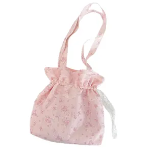 Rosa Blumen Schultertasche mit süßer Spitzenborte, lässige Tragetasche für Damen Frühling