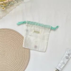 Διαφανής τσάντα αποθήκευσης από οργάντζα με τρισδιάστατο κέντημα λουλουδιών, πράσινη μέντα.