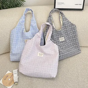 Casual ruitjes canvas shopper, grote schoudertas voor dagelijks gebruik en winkelen.