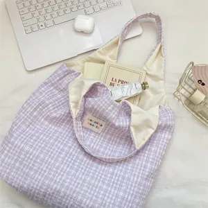 Paarse geruite canvas shopper, grote casual schoudertas voor dagelijks Woon-werkverkeer en school.