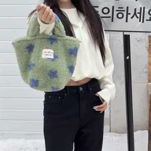 Cute green plush handbag fluffy floral tote bag warm fuzzy small purse winter accessory