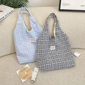 Casual ruitjes canvas shopper tas, grote capaciteit schoudertas voor dagelijks woon-werkverkeer.