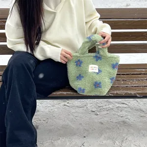 Cute fuzzy plush handbag for women winter small tote bag green floral pattern cute daily bag