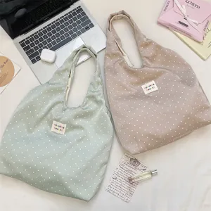Μεγάλη τσάντα shopper από καμβά με πουά, casual τσάντα ώμου για γυναίκες καθημερινή μετακίνηση.