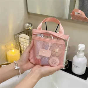 Pink mesh cosmetic bag portable zipper toiletry pouch travel makeup storage bag for women