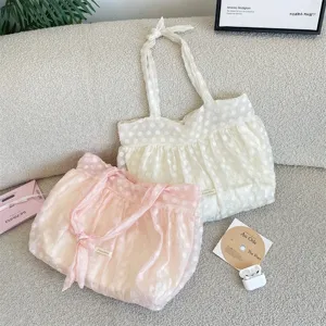 Dames Elegante Stippen Organza Geraffeld Schoudertas Lint Geknoopt Textuur Strandvakantie Tote Bag Polyester Handtas