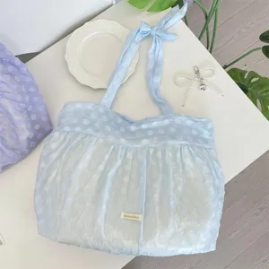 Lichtblauwe organza geplooide shopper tas met pols- en schouderband, schattige dagelijkse tas.