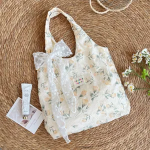 French Style Floral Print Shoulder Tote Bag Cute Lace Bow Fabric Vest Bag Casual Daily
