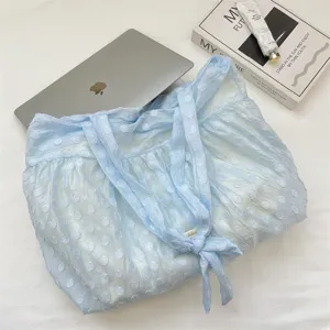 Lichtblauwe organza geplooide handtas met schattige strikband, sprookjesstijl zomer strandvakantie tas.