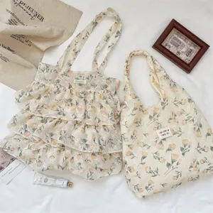 French vintage floral canvas tote bag women aesthetic ruffled shoulder bag casual chic eco shopping bag