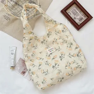 French vintage yellow floral print fabric tote shoulder vest bag, aesthetic casual daily purse.
