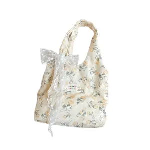 French vintage floral canvas tote bag with elegant lace bow shoulder handbag main view.