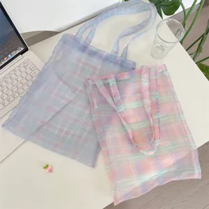 Farbverlauf Karo Organza Shopper, halbtransparente Ästhetik, große Pendler Tasche Alltag.