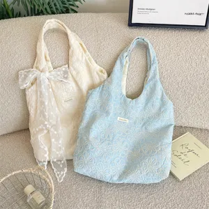 Sac à Épaule en Toile Brodée Texturée pour Femme Style Décontracté Nœud en Dentelle Sac Cabas pour Étudiants Voyage Quotidien
