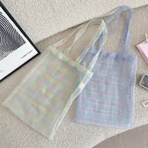 Transparente Organza Karomuster Shopper, leichte pastellfarbene Umhaengetasche, Alltagstasche