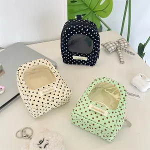 Cute polka dot doll storage bag with clear window zipper pouch portable organizer cute case